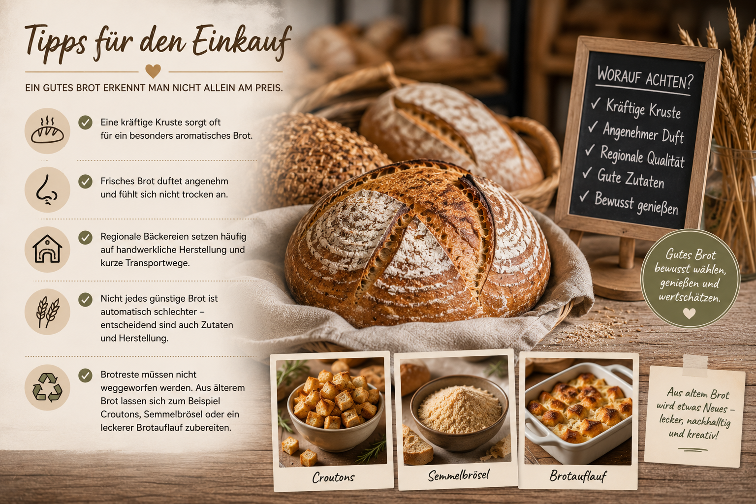 Infografik mit Einkaufstipps für Brot: Im Mittelpunkt liegt ein rustikaler Brotlaib mit kräftiger Kruste. Daneben zeigen Symbole und Illustrationen wichtige Hinweise für den Brotkauf – von einer aromatischen Kruste über regionale Bäckereien bis hin zur kreativen Verwertung von Brotresten als Croutons, Semmelbrösel oder Brotauflauf.
