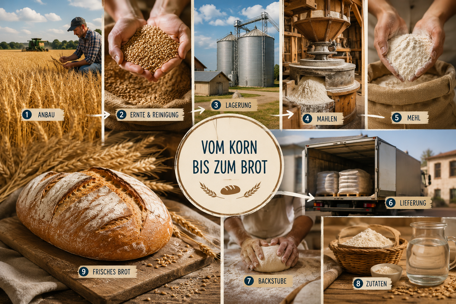 Grafische Darstellung der Entstehung von Brot: Die Illustration zeigt die einzelnen Stationen vom Getreideanbau über Ernte, Lagerung und das Mahlen in der Mühle bis hin zur Lieferung des Mehls, der Verarbeitung in der Backstube und dem fertig gebackenen Brot. Pfeile verbinden die einzelnen Schritte und veranschaulichen den Weg vom Korn bis zum Brot.