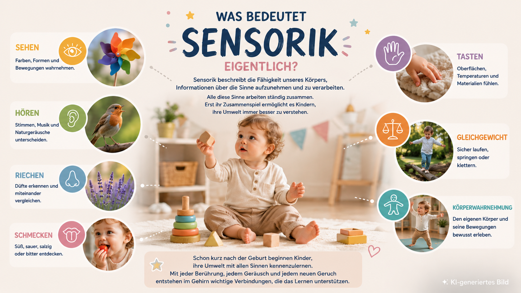 Infografik zum Thema „Was bedeutet Sensorik eigentlich?“: In der Mitte sitzt ein neugieriges Kleinkind auf einem Teppich und spielt mit Holzspielzeug. Rundherum werden die wichtigsten Sinne – Sehen, Hören, Riechen, Schmecken, Tasten, Gleichgewicht und Körperwahrnehmung – mit farbigen Symbolen und passenden Bildmotiven anschaulich erklärt. Rechts unten befindet sich der Hinweis „KI-generiertes Bild“.