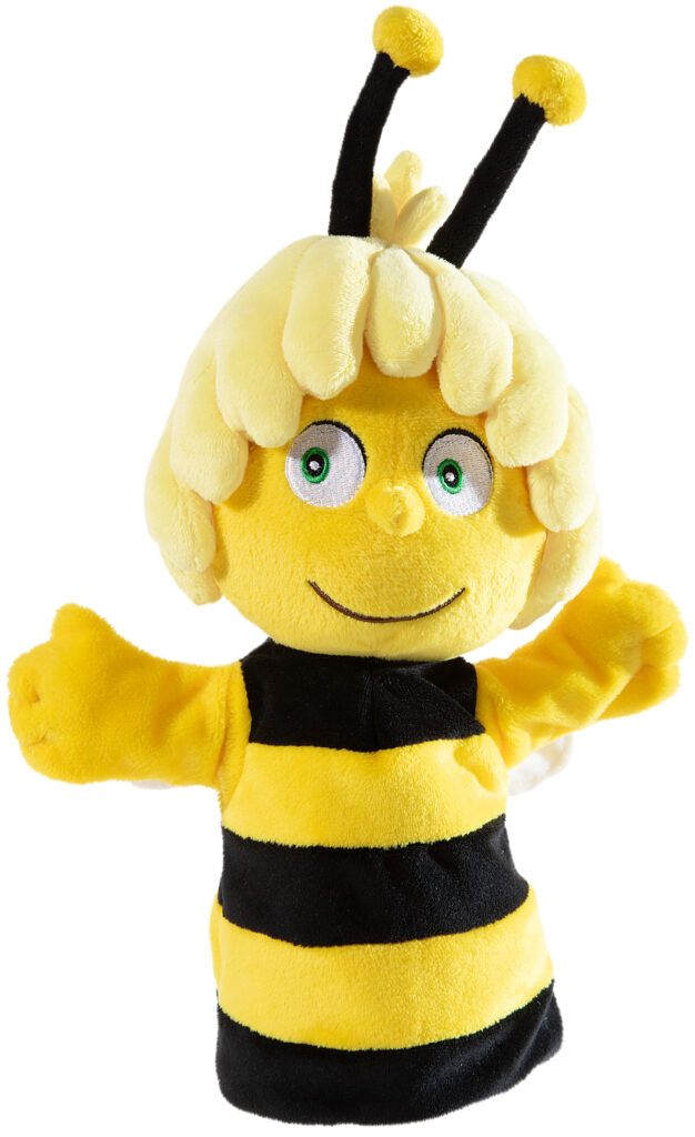 Gelb-schwarze Handspielpuppe der Biene Maja mit gestreiftem Körper, blonden Haaren, grünen Augen und zwei Fühlern. Die weiche Plüschpuppe hält die Arme geöffnet und eignet sich ideal für Rollenspiele, Geschichten und Kuschelmomente mit Kindern.