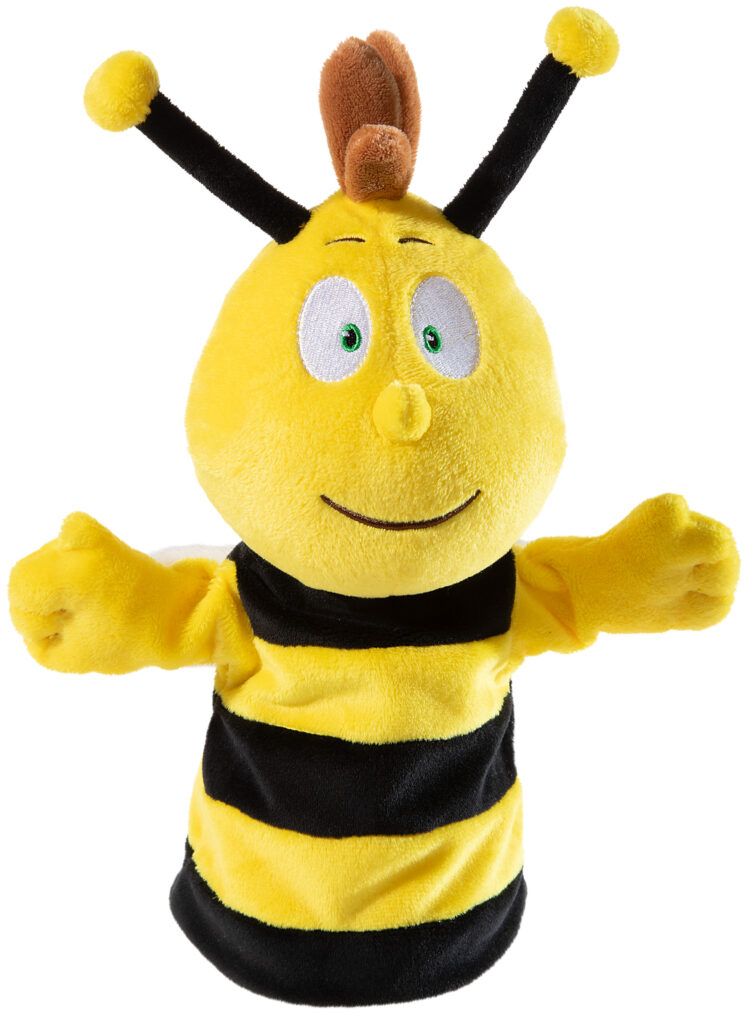 Weiche Handspielpuppe von Willi aus „Die Biene Maja“ mit gelb-schwarz gestreiftem Körper, braunem Haarschopf, grünen Augen und zwei schwarzen Fühlern mit gelben Spitzen. Die Plüschfigur hält die Arme geöffnet und eignet sich ideal für Rollenspiele, Geschichten und gemeinsames Spielen mit Kindern.