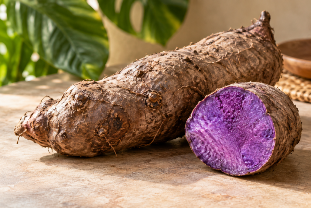 Ganze und angeschnittene Ube-Knolle mit violettem Fruchtfleisch